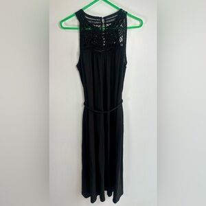 Boden Black Crochet Detail Midi Tank Dress with braided belt. Size 8